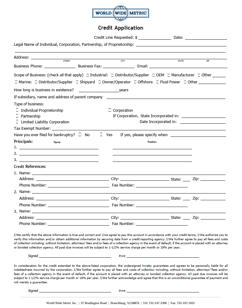 Light Credit Application Credit Application | World Wide Metric