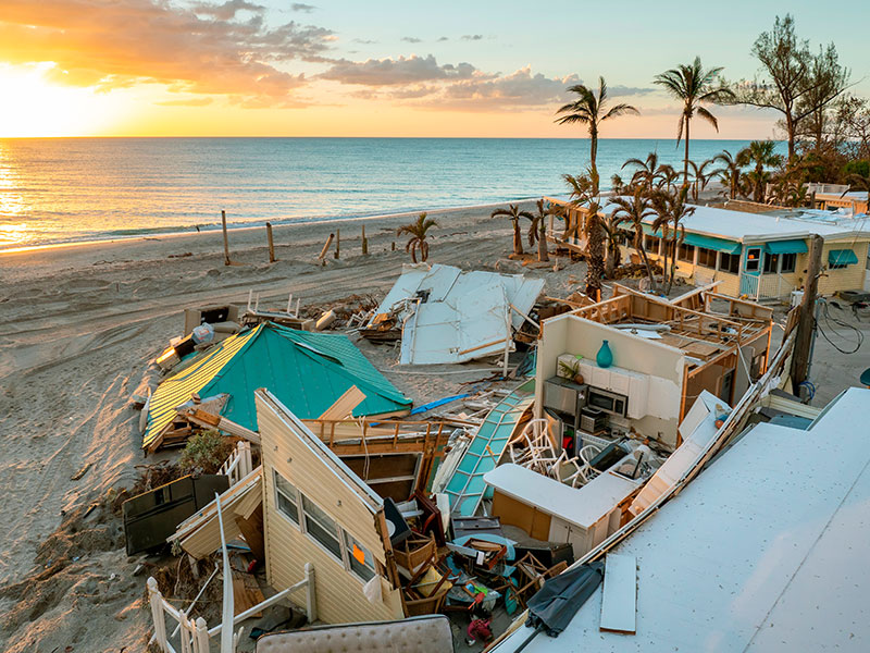 Destroyed buildings after hurricane